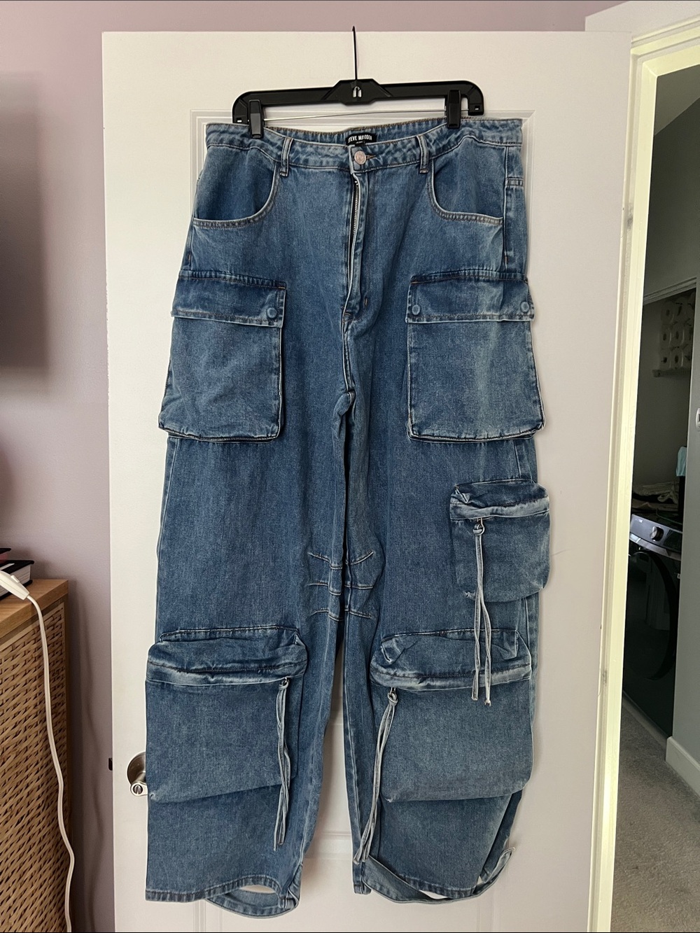 Steve Madden Women's Washed Blue Cargo Jeans with Multiple Pockets